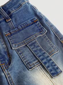 SHEIN 少女Y2K复古水洗翻盖口袋喇叭牛仔裤，秋季镂空街头服饰 - 中等水洗藍 - 查看 4