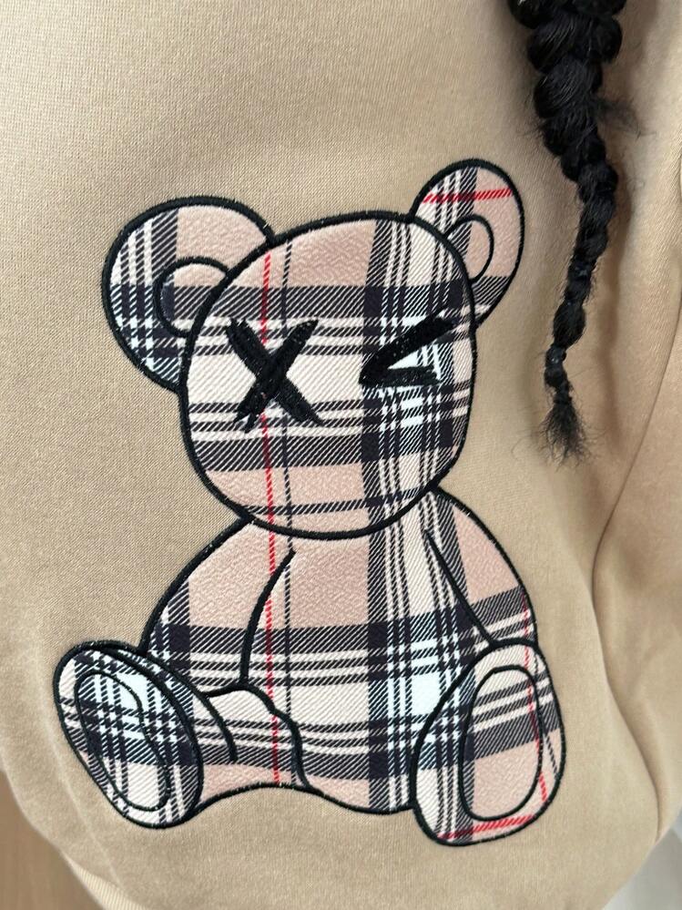 SHEIN Conjunto de Moletom Solto com Decote Careca e Ombros Caídos com Bordado de Urso de Pelúcia e Legging Slim Fit Xadrez para Meninas Pré-Adolescentes, Cáqui - Caqui - Visão 6