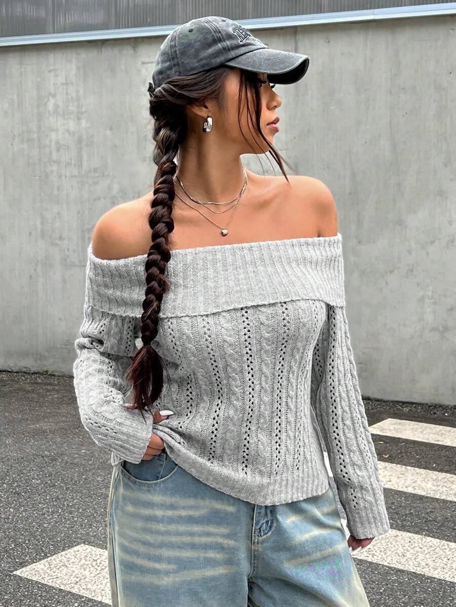 SHEIN EZwear 大码复古休闲扭纹露肩套头毛衣 - 灰色 - 查看 1