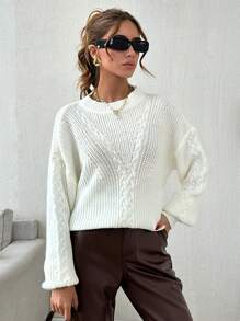 EURMUSE Casual Solid Color Cable Knit Dropped Shoulder Sweater, Autumn/Winter - Beige - View 2