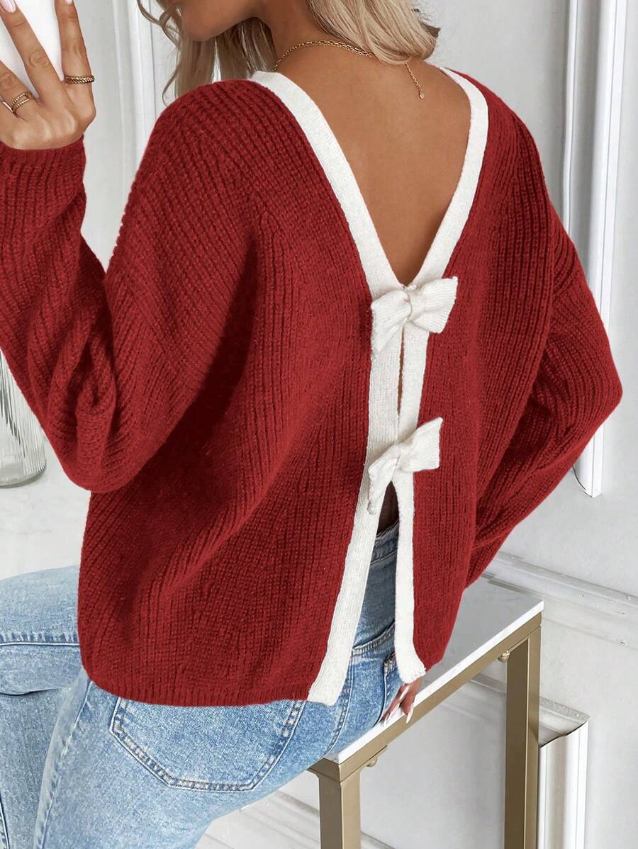 EMERY ROSE New Loose Fit Casual Knitted Sweater, Oversized European And American Style Fashion Soft Pullover For Women, Autumn/Winter Bow Tie For New Year Fall - Red - View 1