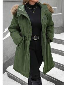 SHEIN LUNE Áo khoác có mũ trùm đầu chắp vá cỡ lớn dài tay có đệm thường ngày mùa đông - xanh quân đội - Xem 4