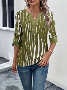 SHEIN LUNE Women Casual Contrast Color Notched Neck Blouse, Suitable For Autumn - Army Green - View 3