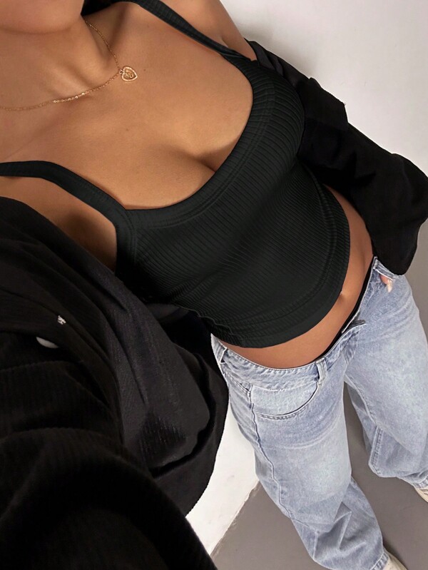 SHEIN SXY Summer;Women's Solid Color Spaghetti Strap Minimalist Tank Top, Casual Daily Wear