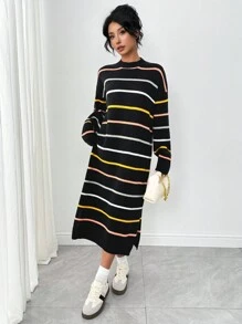 SHEIN LUNE Women Casual Striped Pattern Dropped Shoulder Loose Split Hem Sweater Dress - Multicolor - View 4