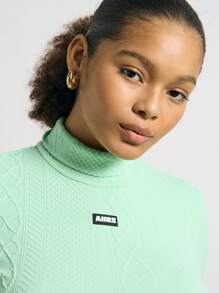AiiRZ Cable Knit High Neck Short Sleeve Crop Top - Mint Green - View 4