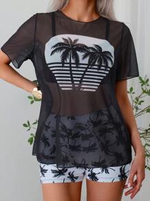 Swim Lushoire Bộ đồ bơi Tankini họa tiết cây cọ 3 mảnh cho nữ, áo, quần short và áo choàng mùa hè - Đen và trắng - Xem 5