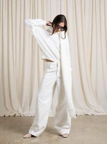 AiiRZ Luxury Brushed Knit Co-Ord Set Turtleneck Sweater Wide Leg Pants Loungewear Matching Set Winter Resort Collection Fringe Detail - White - View 3