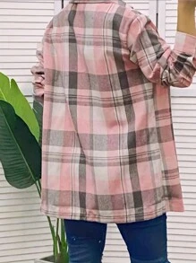 女式时尚休闲格子长袖纽扣衬衫，秋冬 - 粉色 - 查看 2