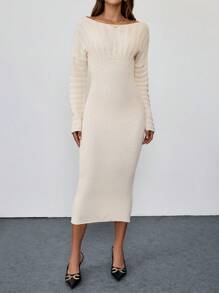 SHEIN Clasi Women Elegant Solid Color Batwing Sleeve Bodycon Sweater Dress, Autumn/Winter - White - View 4