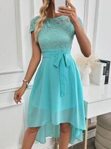 SHEIN Clasi Váy ngắn tay bó sát, xếp ly, ren chắp vá, vải chiffon màu xanh bạc hà, mùa xuân/hè - Màu xanh bạc hà - Xem 1