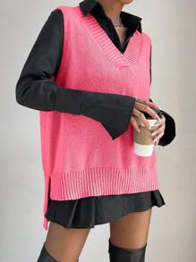 Chiquease 女士纯色 V 领不对称下摆宽松休闲毛衣背心，秋冬 - 玫紅色 - 查看 3