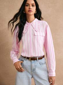 Poéselle Wooden Trim Casual Striped Long Sleeve Shirt, Pink Long Sleeve Top, Bright Pink, Contrasting Striped Shirt, Strawberry Shirt,2024 AW, Winter Clothes - Pink - View 6