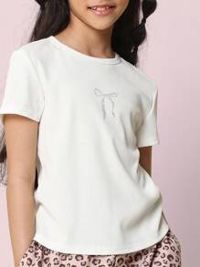 SUMWON Ribbed Baby Tee With Crystal Bow Detail Summer Casual Short Sleeve Basic T Shirt Fitted Design Classic Crew Neck Rhinestone Embellished Vacation - White - View 3