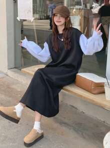 DAZY 女士秋季长袖衬衫拼布运动衫中长连衣裙，秋季女装