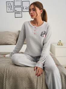 RueChic 2pcs Cotton Contrast Piping Cute Cat Embroidery With Button Detail Homewear Set - Light Grey - View 1