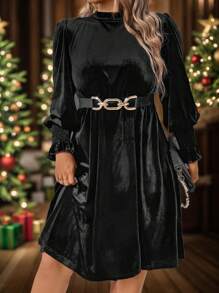 SHEIN Clasi Rochie cu mâneci bufante, cu mâneci bufante, cu decor în talie, elegantă, de dimensiuni mari, toamnă - Negru - Vizualizare 4