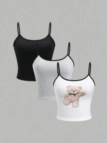 Flirla Cute Bear Print & Solid Color Contrast Trim Camisole Top Set