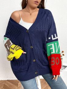 SHEIN LUNE 大码女式休闲字母图案拼色落肩宽松口袋单排扣开衫毛衣，适合冬季 - 彩色 - 查看 5