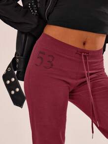 Musera Sport Diamonte Detail Drawstring Straight Leg Jogger Active-Wear Trousers, Padel, Tennis, Pickleball Gym Fitness Fall Winter - Burgundy - View 4