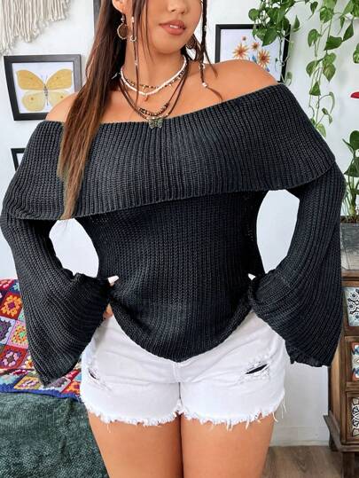 Flirla Plus Size Women Casual Solid Color Foldover Off Shoulder Bell Sleeve Pullover Sweater Knit Pullover Fall Winter Outfit Autumn