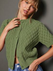 WESTFADE Áo len cardigan cổ tròn cài nút phía trước tay ngắn thoải mái mùa hè - xanh quân đội - Xem 6