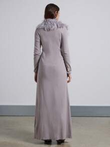 AiiRZ Luxurious Ribbed Maxi Cardigan With Mongolian Lamb Fur Collar Winter Elegant Button Front Long Sweater Cozy Layering Knitwear - Grey - View 2