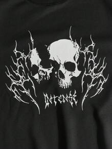 Manfinity Roughcore 2-In-1 Men Plus Size Skull & Letter Print Colorblock Pullover Hoodies, Street Style For Spring/Autumn