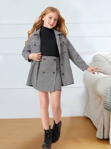 SHEIN Tween Girl Houndstooth Flap Pocket Tweed Coat & Double Breasted Skirt - Black and White - View 1