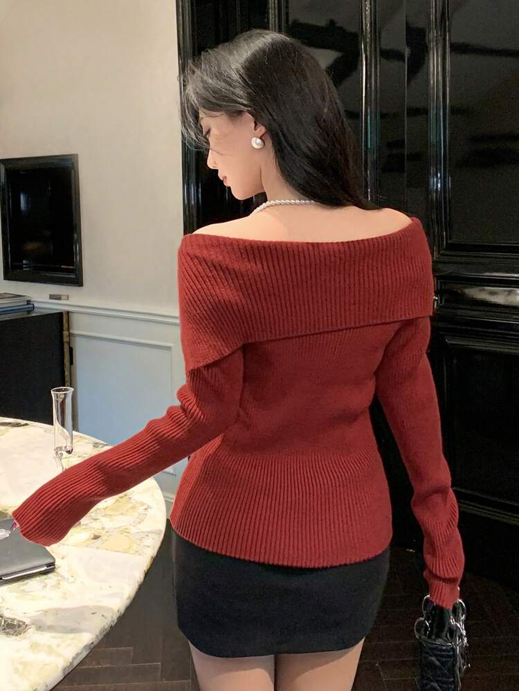 Christmas Red Solid Color Slim Fit Off Shoulder Cardigan For Women, Long Sleeve,Fall Women Clothes