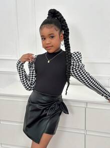 SHEIN Tween Girl Casual Elegant Houndstooth Patchwork Stand Collar Bishop Sleeve Top & PU Skort 2-Piece Set