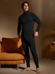 Men's Turtleneck Long Sleeve Top And Pants Thermal Underwear Sets, Fall / Winter