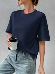 SHEIN Essnce Women's Casual Solid Color Simple Basic High Low T-Shirt, Summer - Navy Blue - View 4