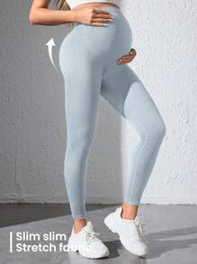 SHEIN Maternity Solid Color High Waist Seamless Sports Leggings - Grey - View 2