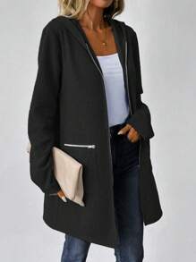 SHEIN LUNE Chaqueta de sudadera de mangas largas con capucha, cuello caído, con cremallera, de longitud media, para mujer, de estilo informal, para otoño