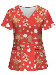PopScrub Parte superior de uniforme de enfermería con diseño de dibujos animados navideños de manga corta - Rojo - Ver 4