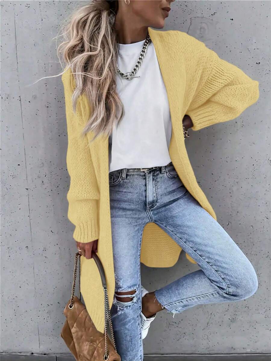 SHEIN LUNE 1 Áo len cardigan dài tay màu trơn cho nữ, áo đơn giản, mặc hàng ngày - Màu vàng - Xem 1
