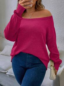 Calvaya Plus Size Women Casual Solid Color Off Shoulder Loose Sweater Knit Pullover Fall Winter - Hot Pink - View 3