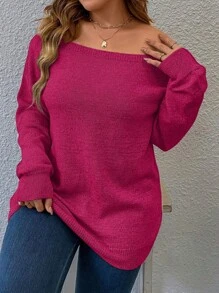 Calvaya Plus Size Women Casual Solid Color Off Shoulder Loose Sweater Knit Pullover Fall Winter - Hot Pink - View 5