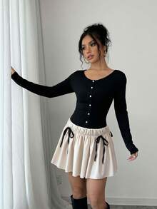 Chiquease Đầm nữ tay dài cổ tròn cài nút phía trước có viền bất đối xứng, thiết kế buộc eo - màu đen - Xem 2