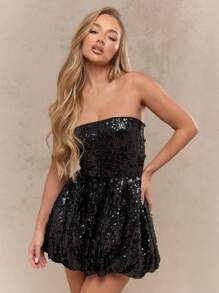 MISSGUIDED Y2K Futuristic Sequin Lace Up Back Bubble Mini Bandeau Dress - Black - View 1