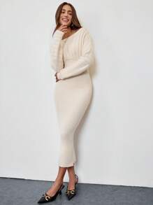 SHEIN Clasi Women Elegant Solid Color Batwing Sleeve Bodycon Sweater Dress, Autumn/Winter - White - View 3