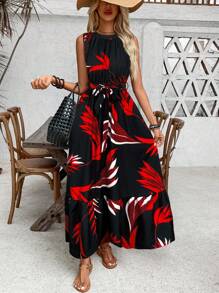 Breezaya Vestido largo de mujer con estampado de colores contrastantes y sin mangas