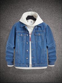 Manfinity Homme Jaket Denim Polos Kasual Longgar Pria dengan Dekorasi Mutiara, Musim Gugur, Untuk Liburan - Biru - View 1