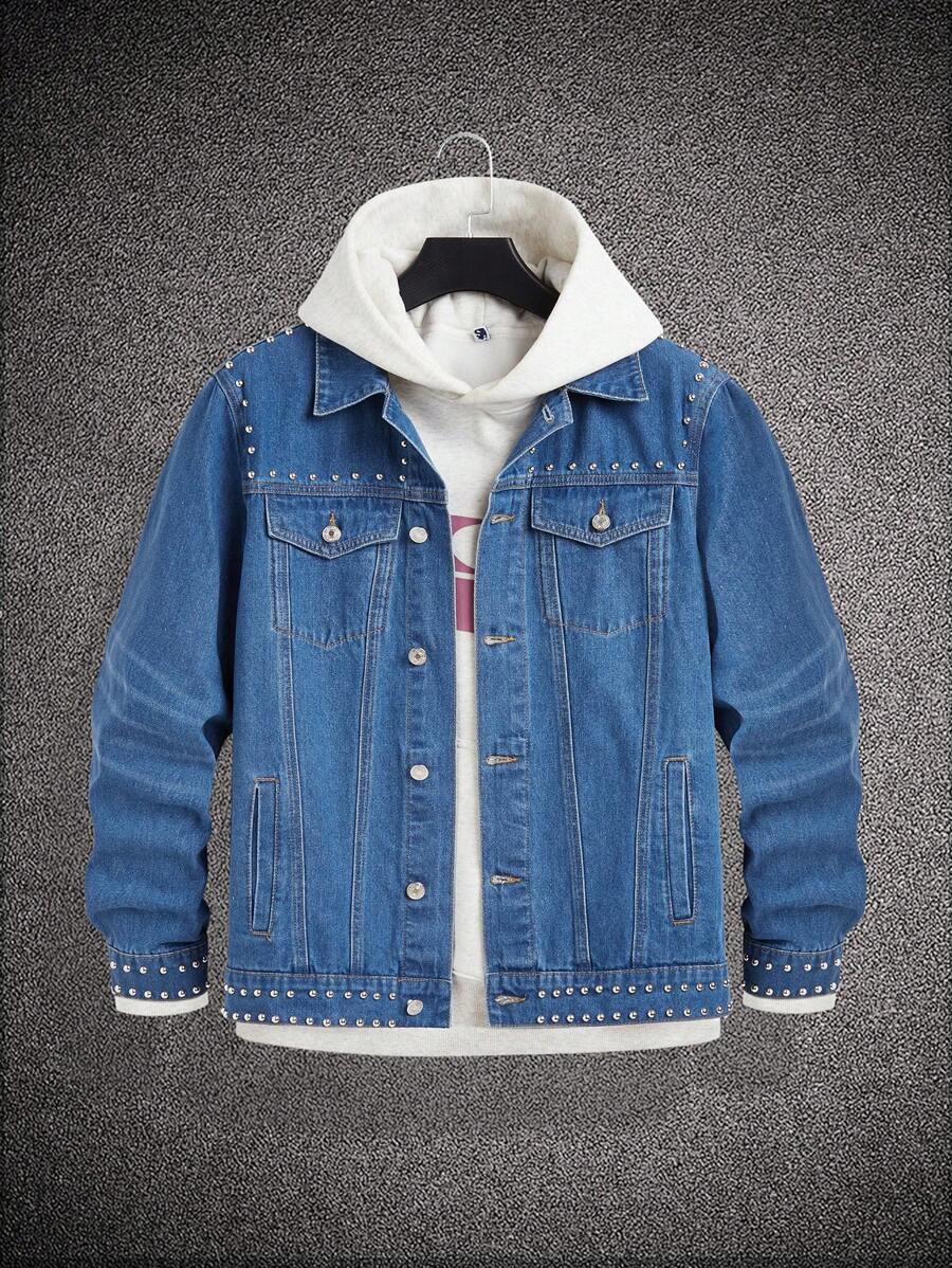 Manfinity Homme Jaket Denim Polos Kasual Longgar Pria dengan Dekorasi Mutiara, Musim Gugur, Untuk Liburan - Biru - View 1