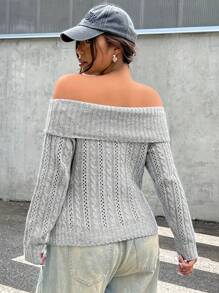 SHEIN EZwear 大码复古休闲扭纹露肩套头毛衣 - 灰色 - 查看 2