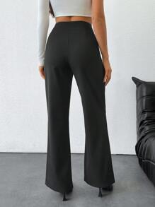 EURMUSE Women's Solid Front Button Detailed Pants - Black - View 2