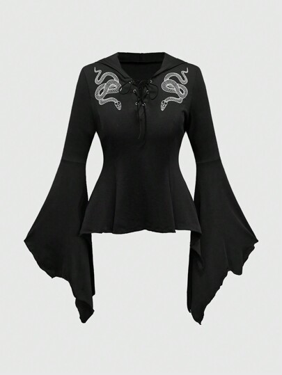 Goth Camiseta con capucha para mujer de manga asimétrica con estampado de serpiente oscuro