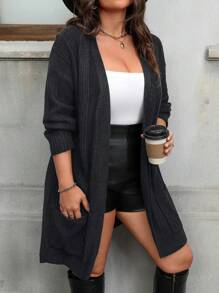 SHEIN LUNE Plus Size Casual Solid Color Drop Shoulder Loose Patchwork Pocket Long Cardigan - Dark Grey - View 5