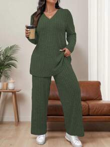 SHEIN LUNE Plus Size Women 2 Pieces Set, V-Neck Ribbed Long Sleeve T-Shirt And Casual Pants, Loose Fit, Autumn